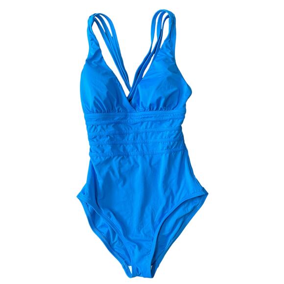 La Blanca Island Goddess Multi-Strap Cross-Back One Piece Capri Blue Size 4 - Picture 3 of 8